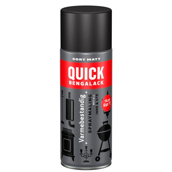 Quick Bengalack Varmebestandig spray er en sort matt spraymaling som tåler hele 650° C. Utmerket til griller, eksosanlegg, gressklippere, ovner, peiser mm. Den er svært fargebestandig og holder seg godt over lang tid. image