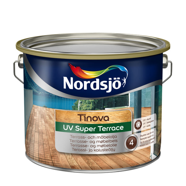 Tinova UV Super Terrace er beregnet for terrasser og utemøbler av trykkimpregnert treverk. Beisen trenger godt inn i treverket og forhindrer fugtinntregning og oppsprekking. Tinova UV Super Terrace kan brukes upigmentert, men pigmentert gir den lengst levetid opptil 4 år. Produktet beskytter svært godt mot UV-stråler, hvilket betyr at treverket holder seg pent lengre. Underlaget skal være tørt maks 16 vekt-% og rengjort. Nytt treverk: Nytt tre behandles 1-2 ganger med Tinova UV Super Terrace avhengig av ...