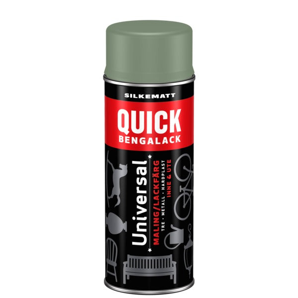 Quick Bengalack Universal spray er det ideelle valget når du vil redesigne og fornye ting raskt og enkelt. Den er spesielt egnet for gjenstander med krinker og kroker der pensel ikke kommer til. Med spray kan du velge mellom mange tidsriktige og populære farger. Brukes på metall, tre og hardplast, alt i fra interiørdetaljer til møbler, verktøy, leker og hageredskaper. Mulighetene er mange! Overmalbar på ca 5 min. Alt kan fornyes! image