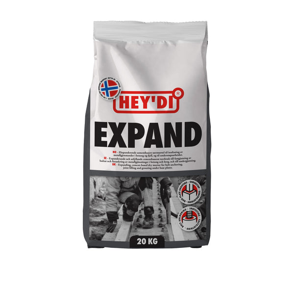 Heydi Expand er ekspanderende og utfyllende sementbasert tørrmørtel til innfesting av metallgjenstander i betong og fjell. Heydi Expand ekspanderer i plastisk fase med 1-3 % slik at maksimal styrke og utfylling oppnås, uten at dette medfører noen sprengvirkning. Heydi Expand leveres også i en frostfri variant som kan brukes helt ned til -25 grader. image