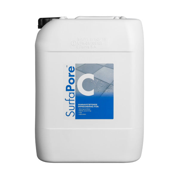 SurfaPore C er en vannbasert impregnering uten farlige tilsetninger til mineralske underlag. SurfaPore C gir en usynlig barriere mot vann på sugende underlag som typisk betongprodukter, tegl, fug og puss, og beskytter mot vedlikeholdsutfordringer som ofte oppstår i kjølvannet av vann/fukt inntrenging. image