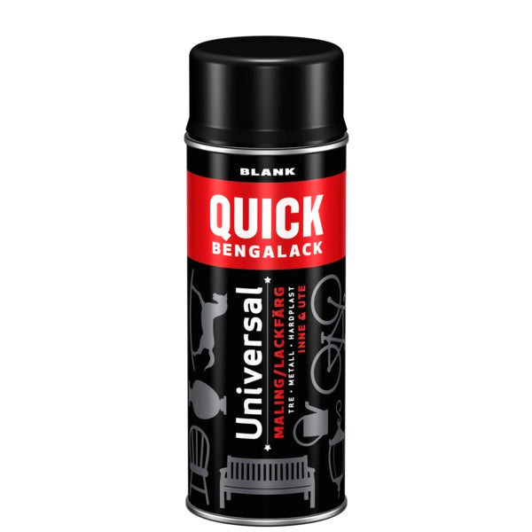 Spray er enkelt og gøy! Quick Bengalack Universal Spray er det ideelle valget når du vil redesigne og fornye ting du er glad i. Den er spesielt egnet for gjenstander med krinker og kroker der en pensel ikke kommer til og gir en flott og slitesterk overflate. Med spray kan du velge mellom mange tidsriktige og populære farger. Alt kan fornyes! Overmalbar på 5 min og overflatetørr på ca 1 time. Raskt og enkelt! image