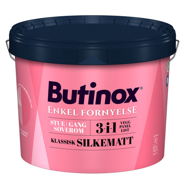 Butinox Klassisk Silkematt B-Base 9L er en kombinasjonsmaling som passer til stuen, gangen og soverommet og kan brukes på vegg, panel og list. Malingen er en løsemiddelfri og luktsvak akrylmaling til innvendig bruk. Malingen kan brukes på flere typer underlag, enten det er vegger av glassfiber, tapet, bygningsplater, puss, betong, panel og lister. image