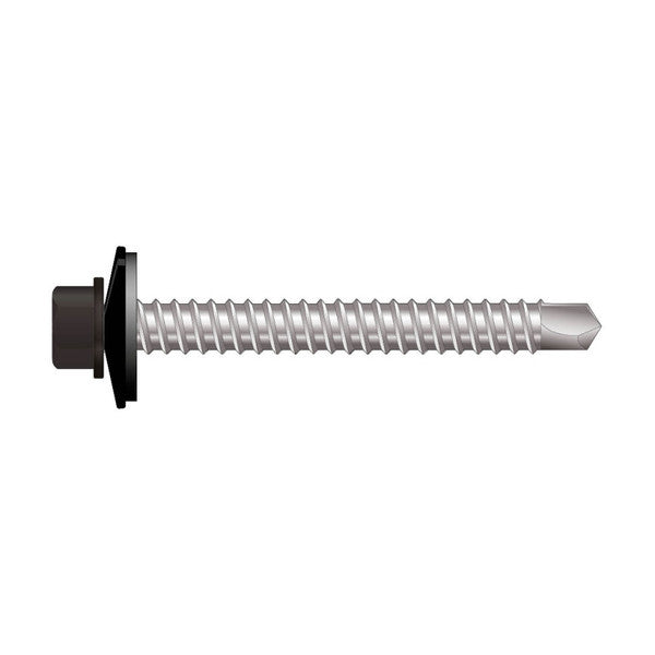 Farmerskrue 35 mm med borskjær og skive/pakning lakkert i LAL-farger for montering av stålplater mot tre. Borkapasitet i stål <1,25 mm. 20 mm lengde er for montering av stålplate eller beslag til stålplate. Leveres også i aluminium til samme formål, men beregnet for aluminiumplater. image