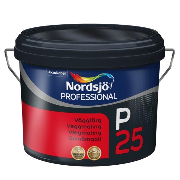 Professional P25 er en silkematt vanntynnet slitesterk akryl veggmaling med meget god dekkevne som gir en moderne overflate som egner seg for rom med store lysinnslipp som brukes på puss, betong, lettbetong og ulike bygningsplater, glassfibervev mm. image