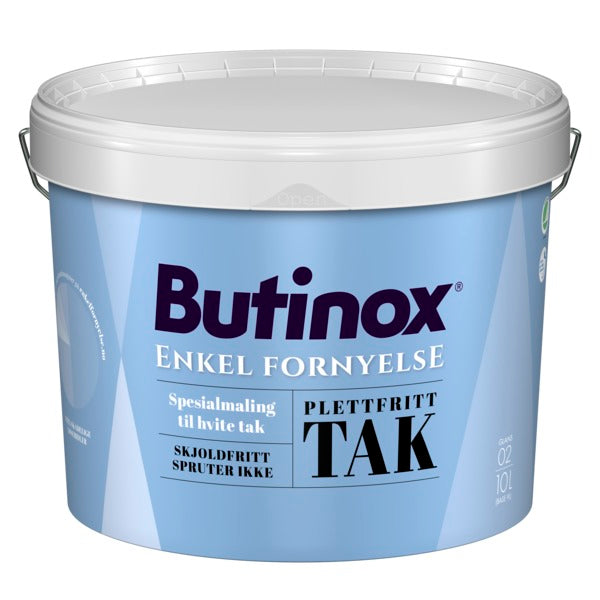 Butinox tak 9L er en helmatt, vannbasert, løsemiddelfri takmaling for innvendig bruk. Den gir god dekk, spruter lite og gulner ikke. Malingen benyttes som takmaling på sandsparkel, puss, betong og bygningsplater. image