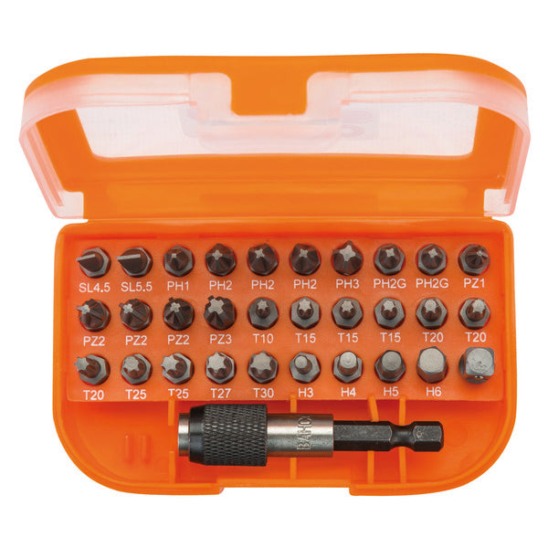 1/4" Bitssett for universalbruk med 31 deler for spor-, Phillips-, Pozidriv-, TORX-, sekskantskruer. Inneholder 29 bits + 1 magnetisk bitsholder med hurtigutløser + 1 pipeovergang. Høykvalitets stål, sandblåst og antirustolje. Magnetisk bitsholder med hurtigutløser,1/4" firkantet pipeovergang med kule for standard piper for hylseskrutrekkere. Leveres i en solid plastboks med belteklips image