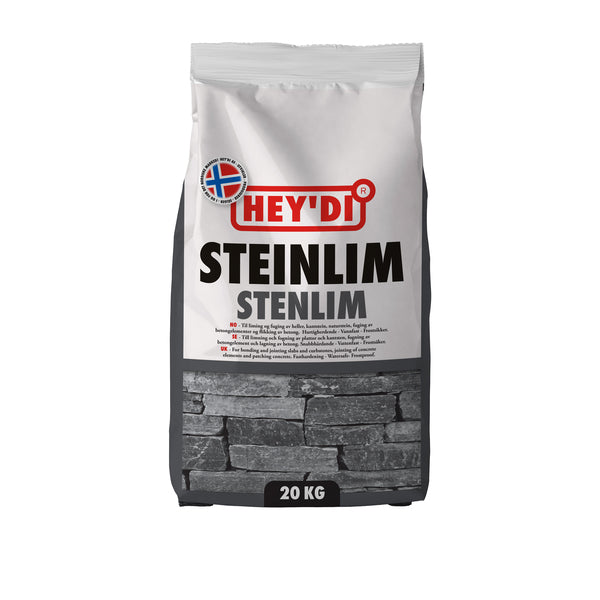 Heydi Steinlim er en grå, sementbasert, plastforsterket klebemørtel som blandet med vann herder til en vannfast og frostsikker limfuge med meget høy vedheft. image