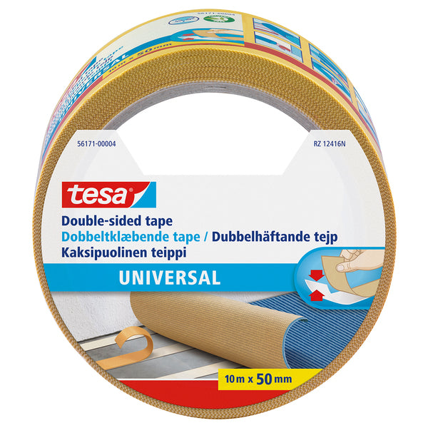 tesa Double-sided Tape Universal er en svært allsidig og dobbeltsidig tape som passer et bredt spekter av bruksområder som gulvlegging, håndverk og hjemmedekorasjon. Den kan feste alle typer materialer, forutsatt at de har en tilstrekkelig fast, flat og glatt overflate. Tapen har en plastfolie som er lett å rive av for hånd, for rask og enkel påføring. Den har sterk klebeevne, og kan brukes til permanent fiksering av forskjellige materialer. image