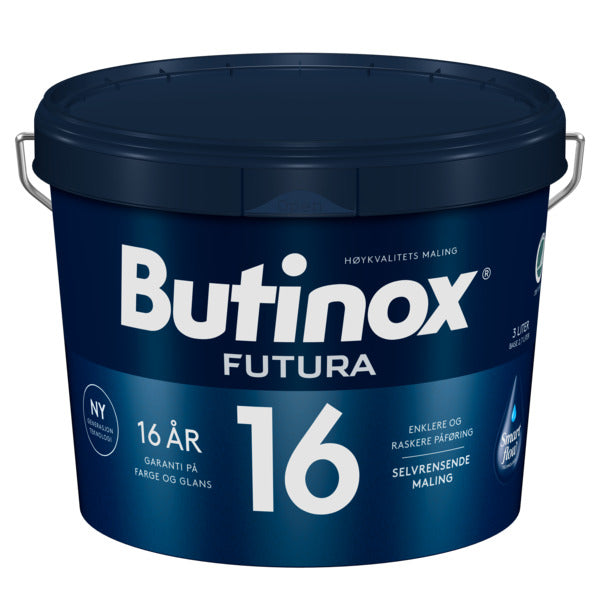 Butinox Futura 16 er bygget på en helt ny generasjon akrylteknologi og kan dermed gi hele 16 års garanti på farge og glans. Eksteriørmalingen er testet under ekstreme klimatiske forhold, både i solrike Florida og i Norge. Langtidstester viser at Butinox Futura 16 er imponerende 55% bedre på farge og glans enn tradisjonell maling. Malingen danner en hydrofil overflate. Dette gir selvrensende malingsfilm og dermed langvarig nymalt og rent utseende, samt effektiv beskyttelse mot sopp og alger. Smart Flow Te...