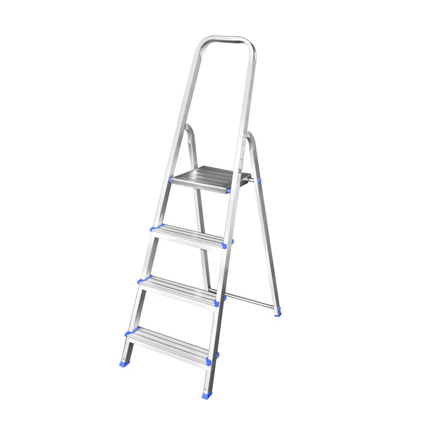 Stødig gardintrapp i aluminium med 4 trinn. Denne gardintrappen er lett å håndtere, har sklisikre trinn, og har en god plattform å stå på. Den har en høy støttebue 61cm over øverste trinn og er utrustet med en praktisk avlastningshylle. Plattformen i metall låser stigen i utfelt posisjon og sklisikre trinn gir god stabilitet. Gardintrappen passer bra for arbeid innendørs, der det er viktig å benytte en lett og smidig trapp. Trinnflate bredde = 8 cm. Ståplaye øverst = 26x26 cm. Avstand mellom trinn = 18 c...
