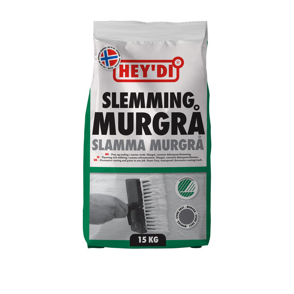 Heydi Murgrå er en sementbasert, vanntett og diffusjonsåpen dekorpuss/slemming til overflatebehandling av mur og betong. Heydi Murgrå blandes med vann og gir en dekorativ, murgrå overflate. Inn- og utvendig på betong, puss, Leca, tegl og annet murverk. Fasader - sokkeletasjer - kjellervegger - piper - garasjer - havemurer m.m. Laveste anvendelsetemperatur +6°C. image