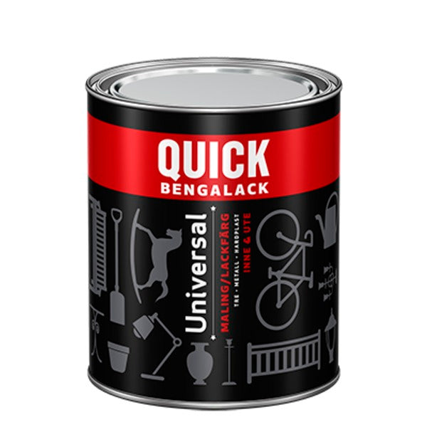 Quick Bengalack Universal gir en flott og blank overflate og kan brukes på så og si alt. Den er utviklet til å gi en sterk og slitesterk overflate til underlag av metall, tre og hardplast - inne som ute. Brukt i kombinasjon med Quick Bengalack Grunning vil du få en overfalte som varer i år etter år. I tillegg kan produktet blandes i nærmest alle farger. image
