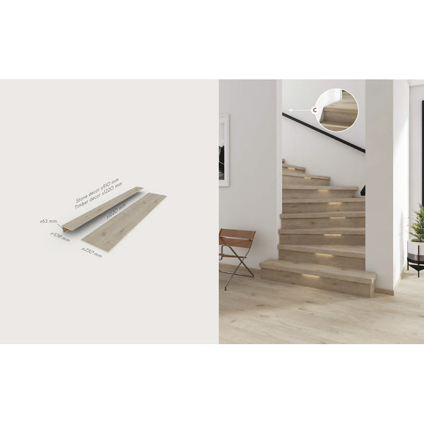 Denne pakken inkluderer en enkelt landingstrinn og et stigerør i den valgte stilen. Landingsmønsteret sørger for at toppmønsteret passer perfekt sammen med ditt eksisterende COREtec gulv. 