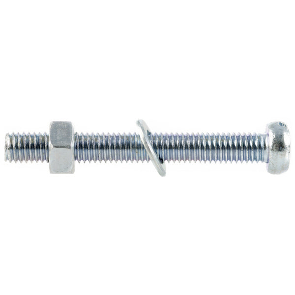 Maskinskrue, helgjenget DIN84 m/mutter og skive. Elektrolytisk forsinket og sylinderhode. Bruksområde: Sammenskruinger, tre mot tre, stål mot stål og i beslag. Korrosjonsklasse: C1 - Kun innendørs i oppvarmede bygninger med ren atmosfære. image