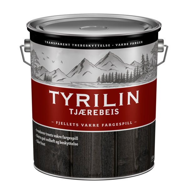 TYRILIN TJÆREBEIS er en transparent høykvalitets trebeskyttelse som gir ett transaprent fargespill og et eksklusivt utseende på treverket. Er basert på naturproduktet tretjære som er blandet med utvalgte alkydoljer. Beisen trenger godt inn i treverket og gir en vannavvisende overflate. Inneholder sopphindrende midler. TYRILIN TJÆREBEIS egner seg svært godt på hus, hytter, gjerder/detaljer i kledningspanel, villmarkspanel eller laftet tømmer. Skal påføres rett på treverket, uten behov for grunning. image