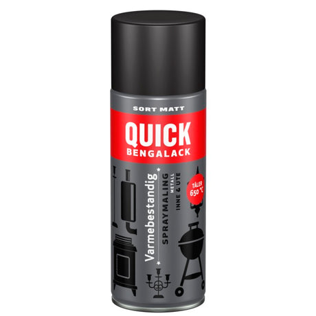 Quick Bengalack Varmebestandig spray er en sort matt spraymaling som tåler hele 650° C. Utmerket til griller, eksosanlegg, gressklippere, ovner, peiser mm. Den er svært fargebestandig og holder seg godt over lang tid. image