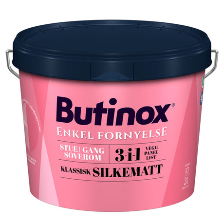 Butinox Klassisk Silkematt Hvit Base 2,7L er en kombinasjonsmaling som passer til stuen, gangen og soverommet og kan brukes på vegg, panel og list. Malingen er en løsemiddelfri og luktsvak akrylmaling til innvendig bruk. Malingen kan brukes på flere typer underlag, enten det er vegger av glassfiber, tapet, bygningsplater, puss, betong, panel og lister. image