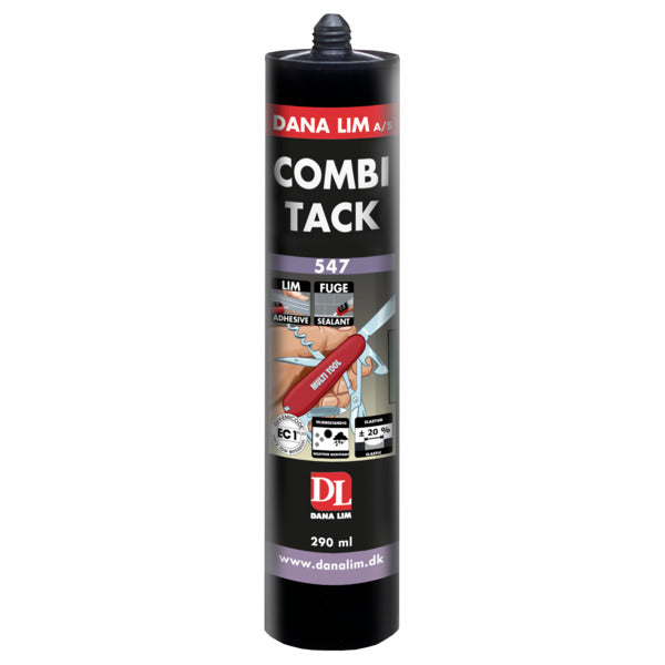 Combi Tack 547 er en kraftig og elastisk universallim for alle monterings - fuge - og tetteoppgaver. Godkjent for våtrom, fasader og gulvfuger. Godkjent for indirekte matkontakt. Brukt ute og inne. God vedheft til de fleste materialer. Herder med fukt 2-3 mm pr. døgn. Combi Tack 547 danner en elastisk fuge, som kan ta opp bevegelser på opp til +/- 20 %. Combi Tack 547 kan brukes ute og inne og har en utmerket bestandighet mot klimatiske påvirkninger. Combi Tack 547 er godkjent som gulvfugemasse. Combi Ta...