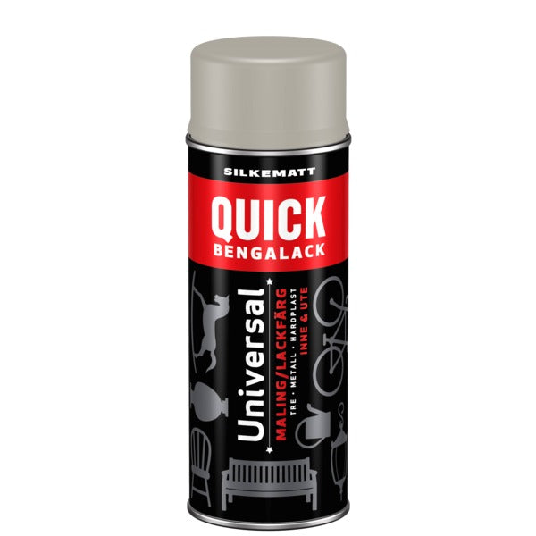 Quick Bengalack Universal spray er det ideelle valget når du vil redesigne og fornye ting raskt og enkelt. Den er spesielt egnet for gjenstander med krinker og kroker der pensel ikke kommer til. Med spray kan du velge mellom mange tidsriktige og populære farger. Brukes på metall, tre og hardplast, alt i fra interiørdetaljer til møbler, verktøy, leker og hageredskaper. Mulighetene er mange! Overmalbar på ca 5 min. Alt kan fornyes! image