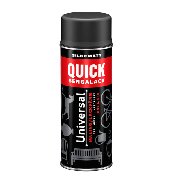 Quick Bengalack Universal spray er det ideelle valget når du vil redesigne og fornye ting raskt og enkelt. Den er spesielt egnet for gjenstander med krinker og kroker der pensel ikke kommer til. Med spray kan du velge mellom mange tidsriktige og populære farger. Brukes på metall, tre og hardplast, alt i fra interiørdetaljer til møbler, verktøy, leker og hageredskaper. Mulighetene er mange! Overmalbar på ca 5 min. Alt kan fornyes! image