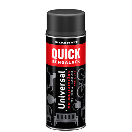Quick Bengalack Universal spray er det ideelle valget når du vil redesigne og fornye ting raskt og enkelt. Den er spesielt egnet for gjenstander med krinker og kroker der pensel ikke kommer til. Med spray kan du velge mellom mange tidsriktige og populære farger. Brukes på metall, tre og hardplast, alt i fra interiørdetaljer til møbler, verktøy, leker og hageredskaper. Mulighetene er mange! Overmalbar på ca 5 min. Alt kan fornyes! image