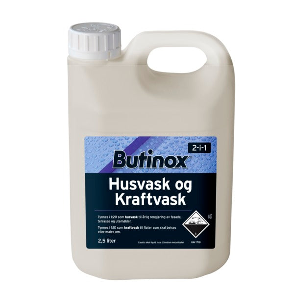 Butinox Husvask og Kraftvask er to vaskemidler, i ett og samme produkt. Nå trenger du kun ett vaskemiddel til huset utvendig. Tynnes 1:20 for årlig husvask og 1:10 for kraftvask til flater som skal males om. Brukes utendørs som årlig rengjøring på malte/beisede flater, samt vask av terrassegulv, utemøbler og på øvrige utendørs flater, bortsett fra bil, båt og campingvogn. Vaskemiddelet påføres med lavtrykkssprøyte eller høytrykksvasker med såpepåføringsutstyr. Godt egnet som skumvask. På vertikale flater...