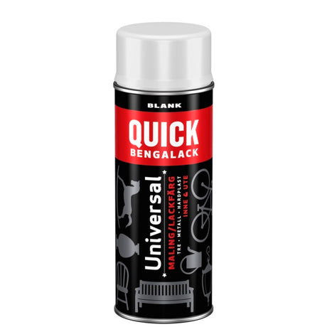 Spray er enkelt og gøy! Quick Bengalack Universal Spray er det ideelle valget når du vil redesigne og fornye ting du er glad i. Den er spesielt egnet for gjenstander med krinker og kroker der en pensel ikke kommer til og gir en flott og slitesterk overflate. Med spray kan du velge mellom mange tidsriktige og populære farger. Alt kan fornyes! Overmalbar på 5 min og overflatetørr på ca 1 time. Raskt og enkelt! image