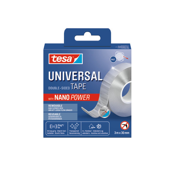 Monter hva som helst , hvor som helst . Ingen verktøy , ingen hull , ingen bekymringer. Nano Power tape fra tesa er et allsidig produkt, som kan brukes til mange formål. Du kan bruke den til å henge opp bilder, dekorere vegger feste gjenstander til glatte overflater som glass og metall, organisere kabler holde teppene på plass og mye mer. Enkel montering for alle: klipp, fest, fjern vask, gjenbruk. image