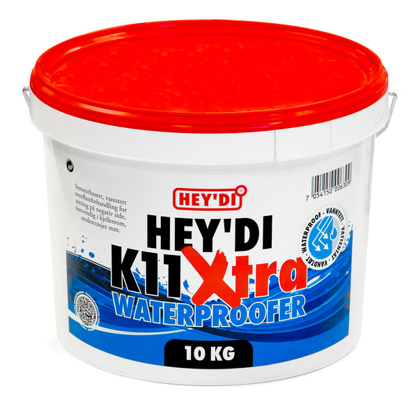 Heydi K11 Xtra er en sementbasert overflatebehandling/slemming av alle typer mur- og betongkonstruksjoner. Heydi K11 Xtra blandes med vann og gir en vanntett og diffusjonsåpen overflate. Grunnmur i betong, lettklinker og betongblokker, kjellerrom, tanker, brønner, basseng, damanlegg m.m. Benyttes også til tetning mot fukt på negativ side, innvendig tetning. image