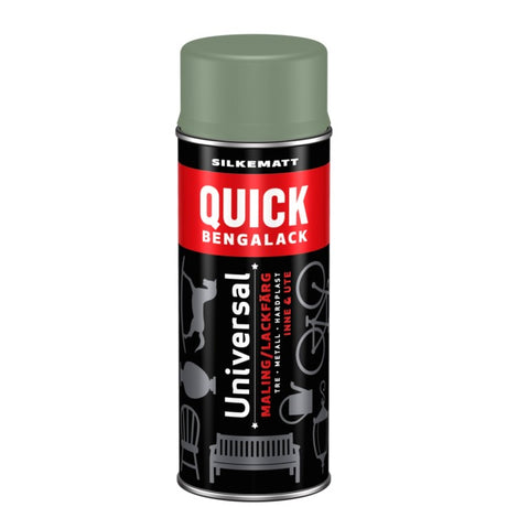Quick Bengalack Universal spray er det ideelle valget når du vil redesigne og fornye ting raskt og enkelt. Den er spesielt egnet for gjenstander med krinker og kroker der pensel ikke kommer til. Med spray kan du velge mellom mange tidsriktige og populære farger. Brukes på metall, tre og hardplast, alt i fra interiørdetaljer til møbler, verktøy, leker og hageredskaper. Mulighetene er mange! Overmalbar på ca 5 min. Alt kan fornyes! image