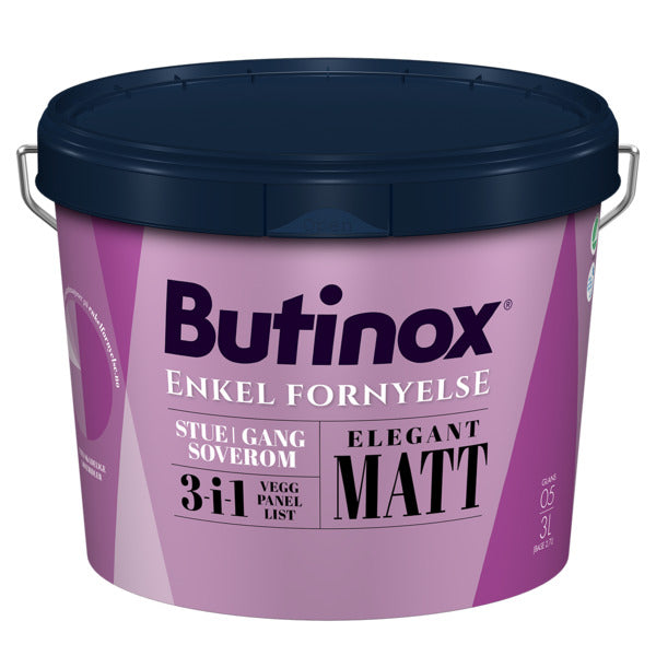 Butinox Elegant Matt C-base 2,7L er en kombinasjonsmaling som passer til stuen, gangen og soverommet og kan brukes på vegg, panel og list. Malingen er en løsemiddelfri og luktsvak akrylmaling til innvendig bruk. Malingen kan brukes på flere typer underlag, enten det er vegger av glassfiber, tapet, bygningsplater, puss, betong, panel og lister. image