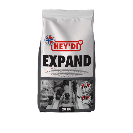 Heydi Expand er ekspanderende og utfyllende sementbasert tørrmørtel til innfesting av metallgjenstander i betong og fjell. Heydi Expand ekspanderer i plastisk fase med 1-3 % slik at maksimal styrke og utfylling oppnås, uten at dette medfører noen sprengvirkning. Heydi Expand leveres også i en frostfri variant som kan brukes helt ned til -25 grader. image