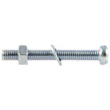 Maskinskrue, helgjenget DIN84 m/mutter og skive. Syrefast/A4 og sylinderhode. Kvalitet 4.8. Bruksområde: Sammenskruinger, tre mot tre, stål mot stål og i beslag. Korrosjonsklasse: C5 - Utendørs: (Industri) Industri og kyststrøk med høy fuktighet og aggressiv atmosfære. (Marin) Kyst og havsstrøk med høyt saltinnhold. Innendørs: Bygninger med nesten konstant kondensasjon og sterkt forurenset atmosfære. image