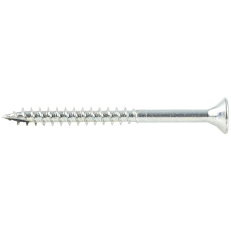 Treskrue elektrolytisk forsinket, herdet, med forsenket hode og torx spor. Alle skruer fra og med 40 mm er delgjenget. Gjengelengde for delgjengede skruer = 60% av total skruelengde (maks 72 mm). Skruelengder fra og med 25 mm, har spiss med fiberkutt som hindrer sprekkdannelse ved innskruing. Stålkvalitet: AISI-1022. Min.vridningsmoment: 1,64 -11 Nm. Min.bøyningsgrad: 15 grader. Korrosjonsklasse: C1 - Kun innendørs i oppvarmede bygninger med ren atmosfære. image