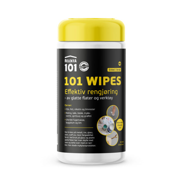 Profesjonelle våtservietter for all type male- og fugejobber. 101 WIPES tørker opp søl fra våt maling, uherdet fugemasse og byggskum, samt fett og olje. Den løser også opp tørket maling, blekk, trykksverte, tusj, graffiti, limrester fra de fleste glatte harde flater. Dukene består av 15 % viskose (cellulose), som gjør dukene både ekstra myke og svært absorberende, og er tilsatt propanol (<10 %) for å kunne brukes i minusgrader uten å fryse, og Aloe Vera og vitaminene A og E for å beskytte huden ved bruk....