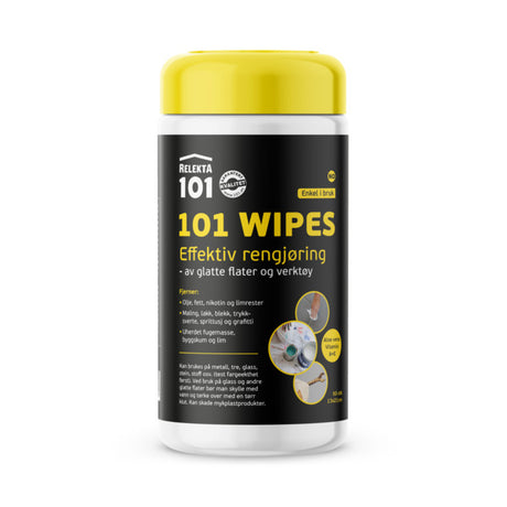 Profesjonelle våtservietter for all type male- og fugejobber. 101 WIPES tørker opp søl fra våt maling, uherdet fugemasse og byggskum, samt fett og olje. Den løser også opp tørket maling, blekk, trykksverte, tusj, graffiti, limrester fra de fleste glatte harde flater. Dukene består av 15 % viskose (cellulose), som gjør dukene både ekstra myke og svært absorberende, og er tilsatt propanol (<10 %) for å kunne brukes i minusgrader uten å fryse, og Aloe Vera og vitaminene A og E for å beskytte huden ved bruk....