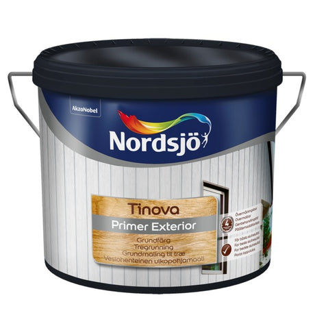 Tinova Primer Exterior er beregnet for nymaling og vedlikeholdsmaling av treverk utendørs. Den trenger dypt inn i underlaget og beskytter treverket. image