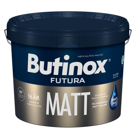 Nyheten Butinox Futura Matt gir et vakkert, matt utseende som gjør at huset glir sømløst inn i omgivelsene. Butinox Futura Matt er selvrensende, takket være den hydrofile overflaten som bidrar til å holde huset rent og pent. Smart Flow Technology gjør at malingen får en kremaktig konsistens som er lett å påføre. Dette betyr at du får en enklere og raskere malejobb, med mindre drypp og søl. Butinox Futura Matt gir 16 års garanti på farge og glans - og trygghet om et langvarig vakkert utseende! image