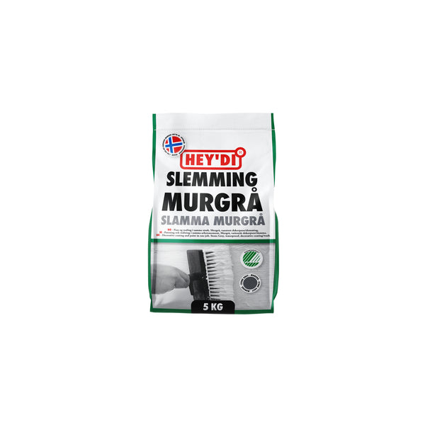 Heydi Murgrå er en sementbasert, vanntett og diffusjonsåpen dekorpuss/slemming til overflatebehandling av mur og betong. Heydi Murgrå blandes med vann og gir en dekorativ, murgrå overflate. Inn- og utvendig på betong, puss, Leca, tegl og annet murverk. Fasader - sokkeletasjer - kjellervegger - piper - garasjer - havemurer m.m. Laveste anvendelsetemperatur +6°C. image