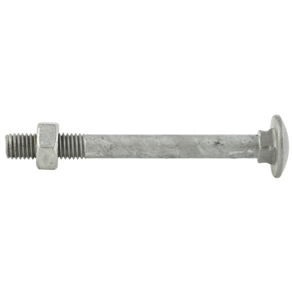 Låseskrue DIN603 med mutter DIN934 varmforsinket. Kvalitet 8.8, delgjenget. Bruksområde: Tre mot tre og beslag i tre. Korrosjonsklasse: C3 - Utendørs: Industri og kyststrøk med moderat saltinnhold. Innendørs: Kjemiske bedrifter, svømmebasseng, skipsverft, båtbyggerier. image