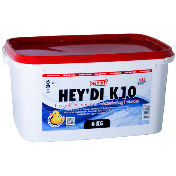 Heydi K10 er en flytende membran til fuktisolering av gulv og vegg i våtrom før montering av keramiske fliser. Heydi K10 er vanntett, forblir elastisk og kan oppta bevegelser i underlaget. Heydi K10 er testet iht. ETAG 022, har en ETA(European Technical Assessment) nr: 14/0361 og har reg.nr. 002/96 fra Fagrådet for Våtrom. image