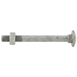 Låseskrue DIN603 med mutter DIN934 varmforsinket. Kvalitet 8.8, delgjenget. Bruksområde: Tre mot tre og beslag i tre. Korrosjonsklasse: C3 - Utendørs: Industri og kyststrøk med moderat saltinnhold. Innendørs: Kjemiske bedrifter, svømmebasseng, skipsverft, båtbyggerier. image