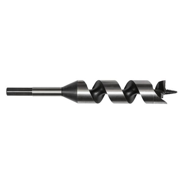 Spiralbor for boring i tre. En del med sekskantet skaft for fast grep i chucken. Ytterligere 15 mm lang del med fire flate sider, egnet for håndbraketter. Spiraler med Levin-mønster. Lakkert for rustbeskyttelse. 460 mm langt spiralbor for boring i tre. image