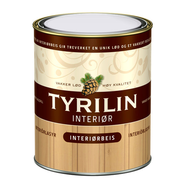 Vakker matt, vanntynnbar oljebeis til ubehandlede vegger og tak av furu og gran. Beisen innfarger og fremhever treets naturlige struktur, gir ett vakkert trasparent fargespill. Tyrilin Interiørbeis er enkel å påføre, luktfri og tørker hurtig. Effektivt lysfilter motvirker gulning av treveket. Kan blandes i mange vakre beisfarger. Ett strøk er nok! image