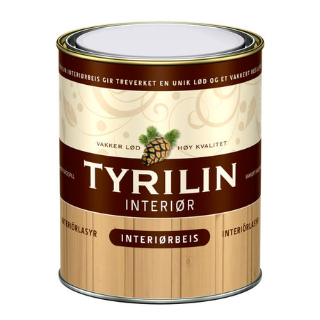 Vakker matt, vanntynnbar oljebeis til ubehandlede vegger og tak av furu og gran. Beisen innfarger og fremhever treets naturlige struktur, gir ett vakkert trasparent fargespill. Tyrilin Interiørbeis er enkel å påføre, luktfri og tørker hurtig. Effektivt lysfilter motvirker gulning av treveket. Kan blandes i mange vakre beisfarger. Ett strøk er nok! image