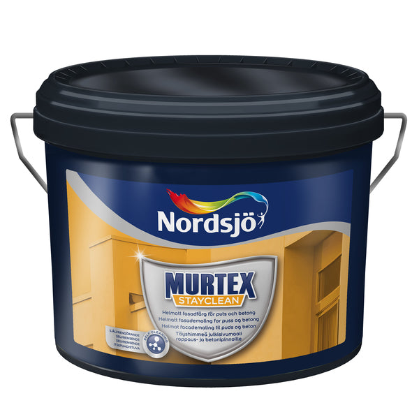 Murtex Stay Clean er en helmatt fasademaling beregnet for utvendig maling på betong, lettbetong og mur/puss. Takket være nanoteknologi blir fasaden selvrensende, noe som betyr at regn vil fjerne smuss og begroing fra overflaten. Underlaget skal være fast og rent for smuss, fett og andre forurensninger. Porøse og smittende underlag seises med Murtex Hydro Primer. Påfør 2 strøk Murtex Stay Clean. Rør godt om i malingen før bruk. Mal aldri under +5 °C eller når luftfuktigheten er høyere enn (>80%). image