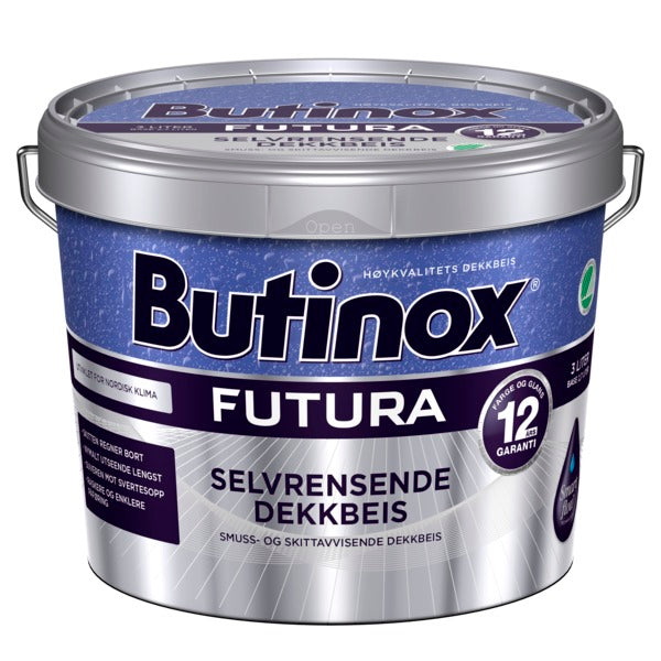 Butinox Futura Selvrensende Dekkbeis er en høyteknologisk dekkbeis med selvrensende egenskaper som gir et varig nymalt og rent utseende, samt effektiv beskyttelse mot sopp og algeangrep. Butinox Futura Selvrensende Dekkbeis gir 12 års garanti på farge og glans. Produktet oppfyller nordiske miljøkrav og har fått tildelt miljømerket Svanen. Dekkbeisen danner en hydrofil malingsfilm som gjør at svertesopp og annen skitt har vanskeligere for å feste seg. Den selvrensende malingsfilmen gjør at vannet fra en r...