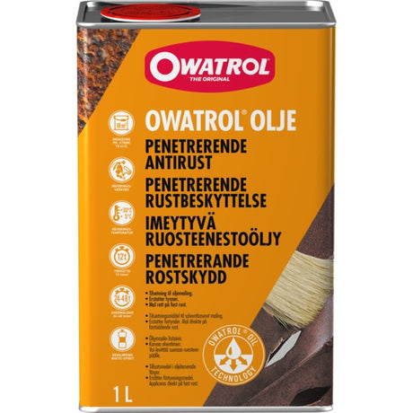 Trenger helt ned til rent metall og driver ut all luft og fuktighet. Stabiliserer rusten og hindrer videre rustdannelse, og gir varig beskyttelse. Fungerer som førsteklasses grunning for videre behandling. Tips: Gjør malingen rustbeskyttende/antioxidant. Forsegler og hindrer linolje fra å trenge igjennom bekledning på hus. Owatrol Olje er også en unik malingstilsetning som forenkler påføringen av maling under vansklige værforhold. Blandet i oljebasert maling/lakk vil den være med på å redusere/fjerne pen...