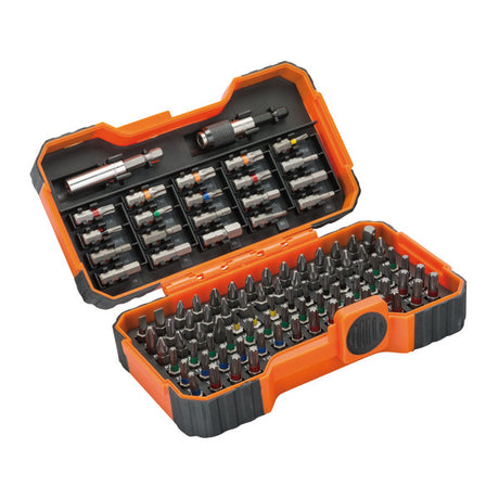 Bitssett, 100 deler: Spor, Phillips, Pozidriv, TORX, TORX TR, sekskant, Robertson. Fargekodet torx. Innfestning: 1/4" Overflate: Sandblåst Materiale: S2 høylegert stål image
